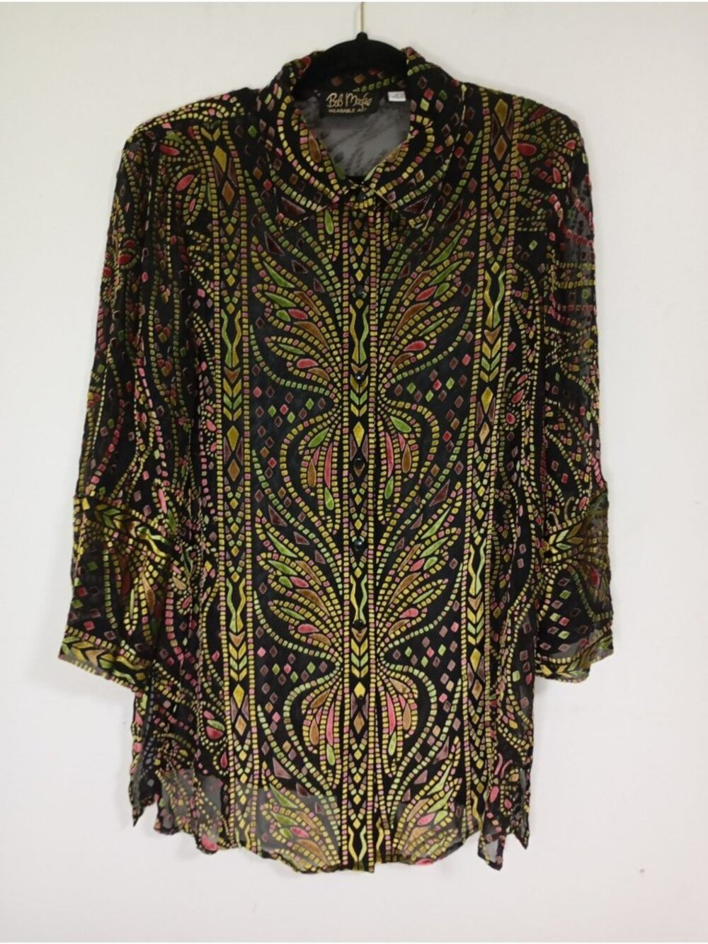 Bob Mackie Wearable Art Sheer Button-Up Top Velvet Abstract Multicolor Size M